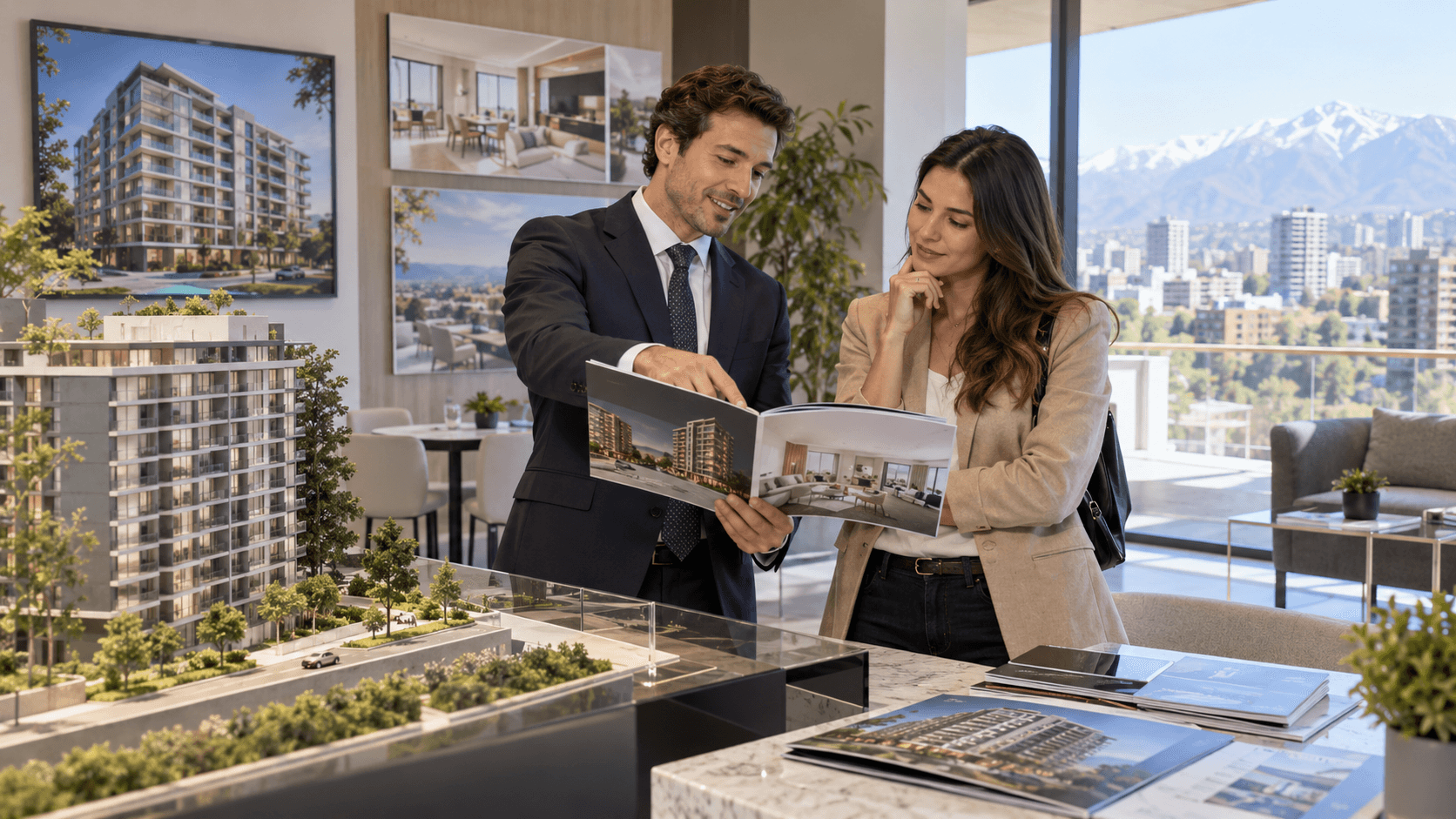 Broker inmobiliario mostrando proyectos de departamentos a una potencial inversionista en Chile