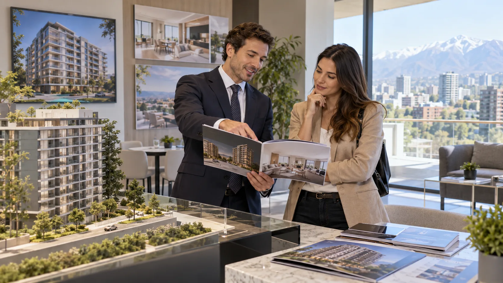 Broker inmobiliario mostrando proyectos de departamentos a una potencial inversionista en Chile