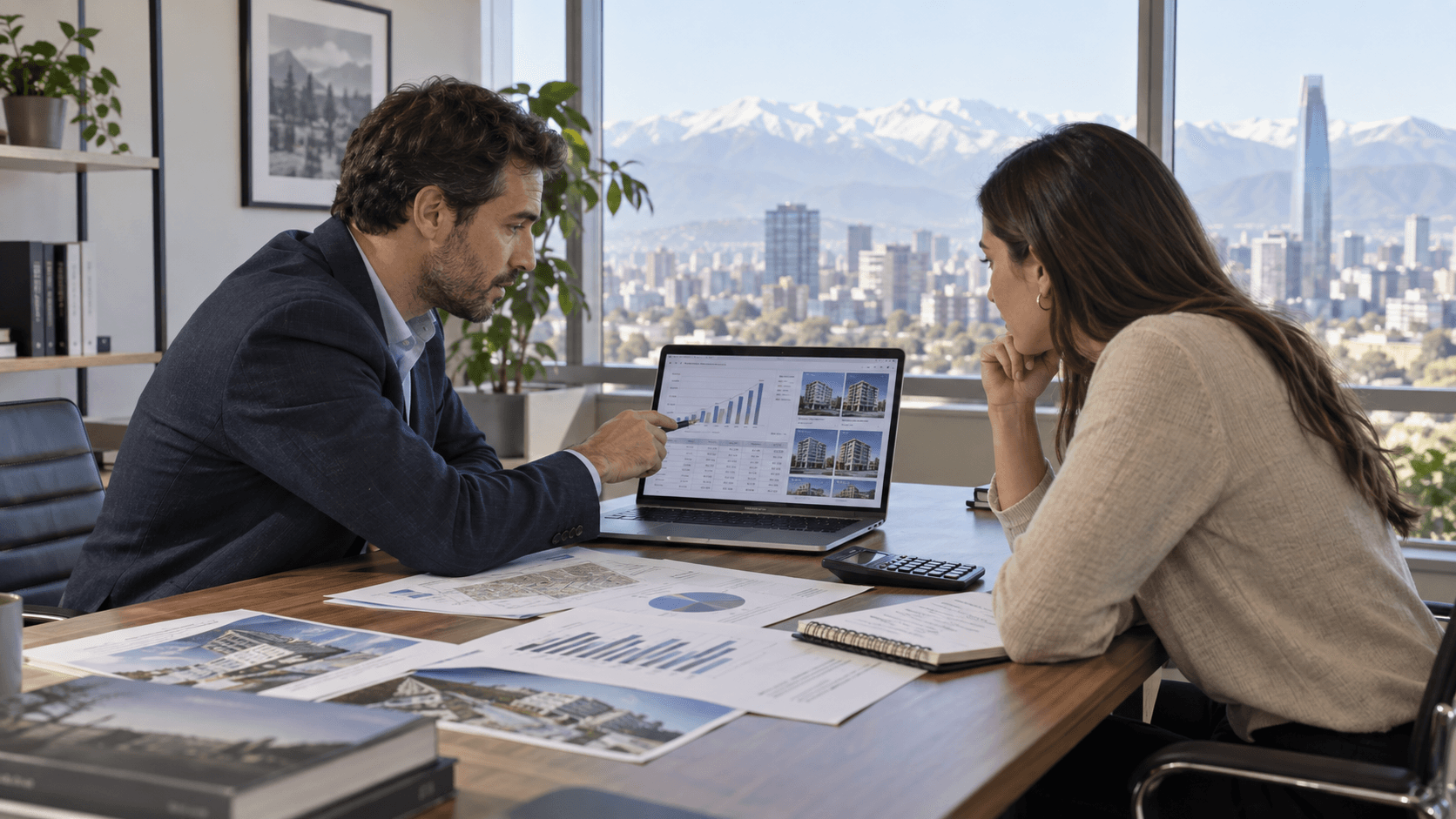 Asesor inmobiliario analizando alternativas de inversión y rentabilidad con una clienta en Chile