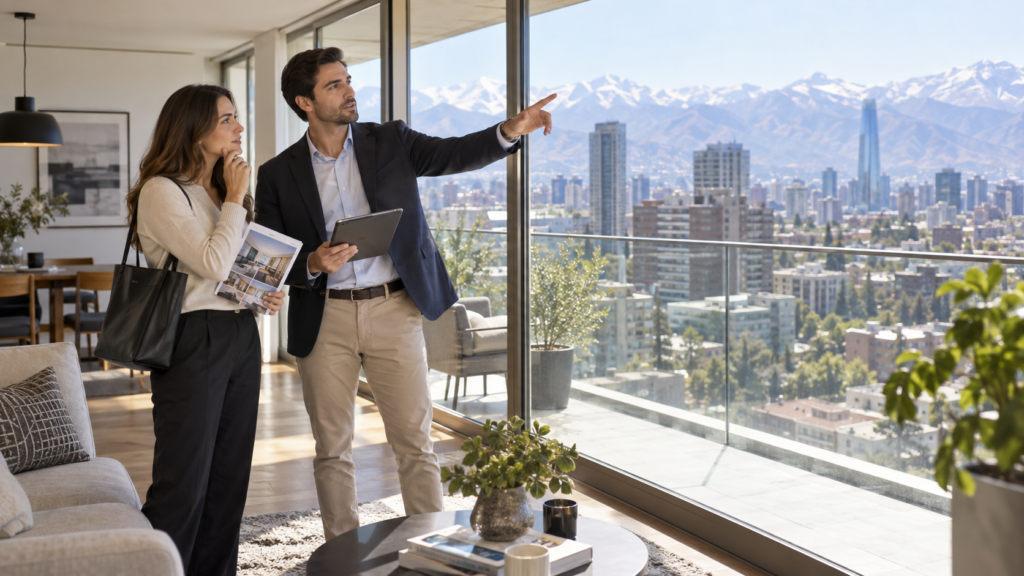 Asesor inmobiliario muestra a una clienta la vista de Santiago desde un departamento nuevo