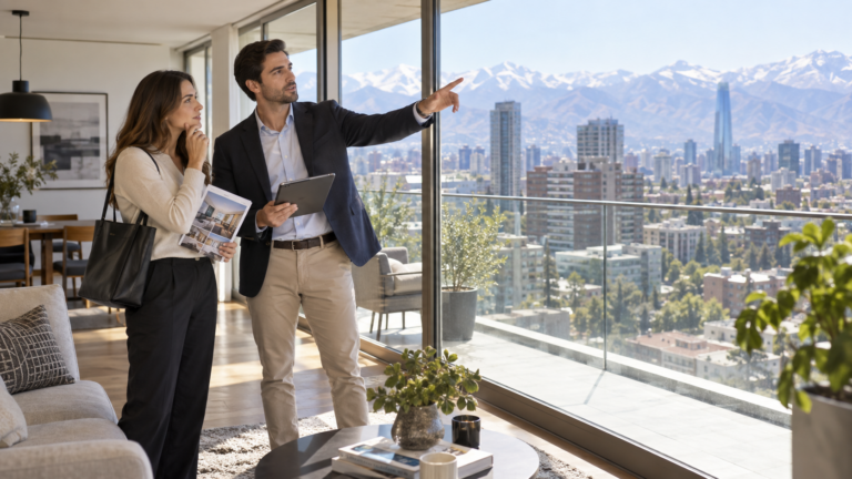 Asesor inmobiliario muestra a una clienta la vista de Santiago desde un departamento nuevo