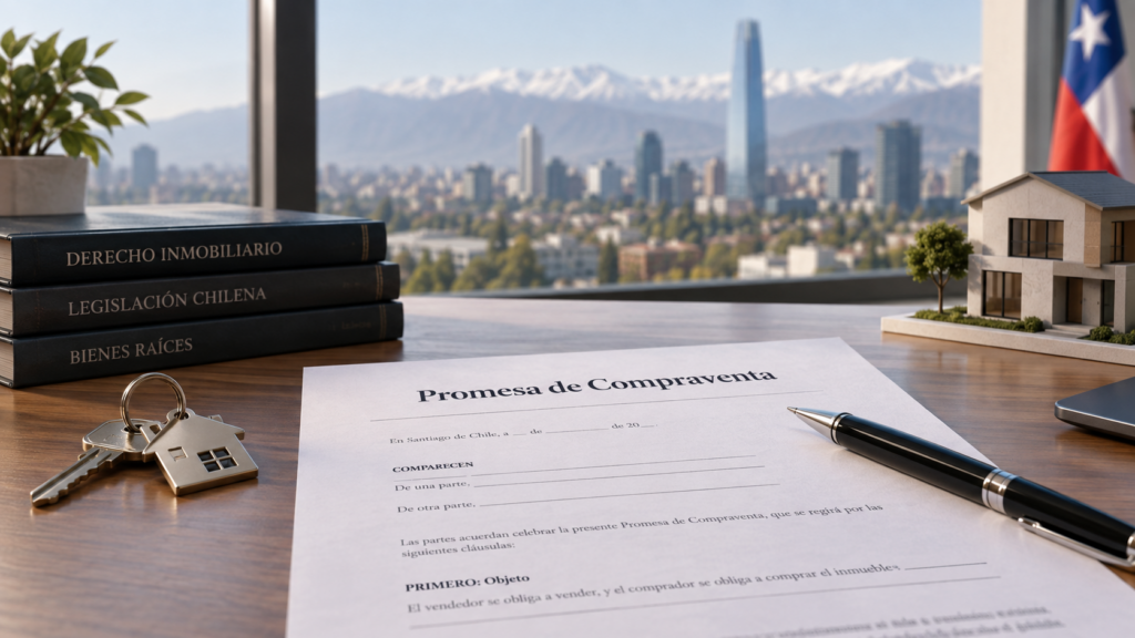 Promesa de compraventa impresa sobre un escritorio junto a llaves y libros de derecho inmobiliario