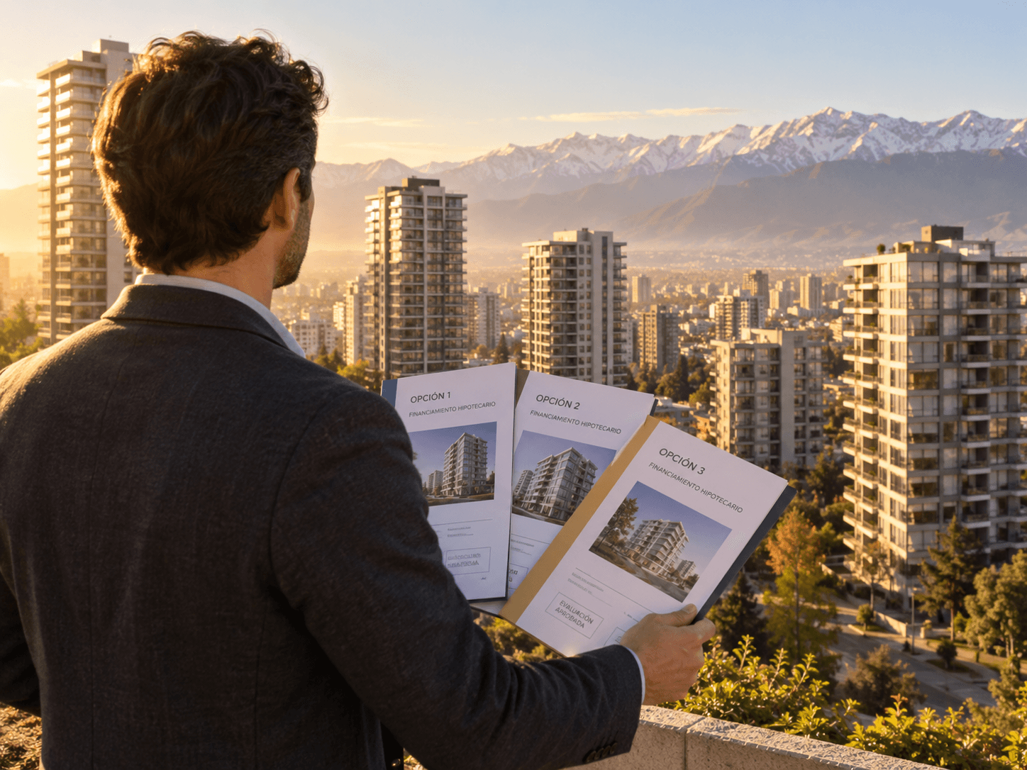 Inversionista evaluando varias propiedades y opciones de financiamiento hipotecario en Santiago