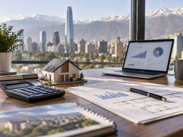 Maqueta de casa, calculadora y gráficos de inversión sobre un escritorio con vista a Santiago