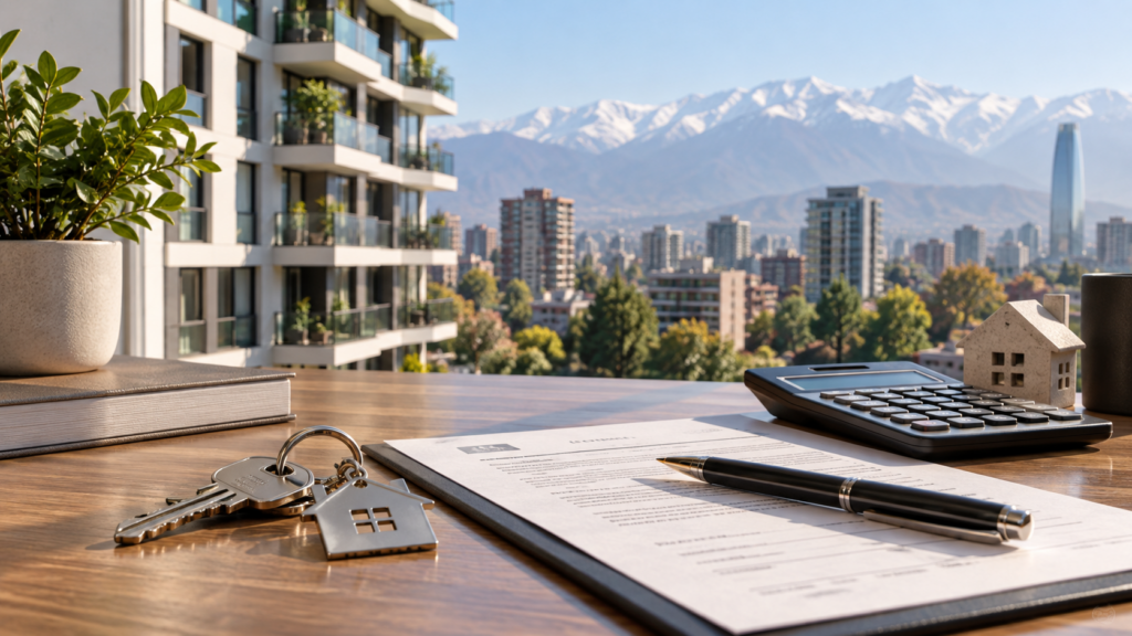 Llaves, calculadora y un contrato sobre un escritorio frente a edificios de Santiago