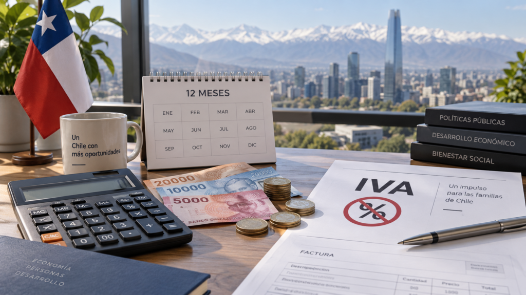 Calendario de 12 meses, billetes chilenos y una factura con IVA cero sobre un escritorio en Santiago