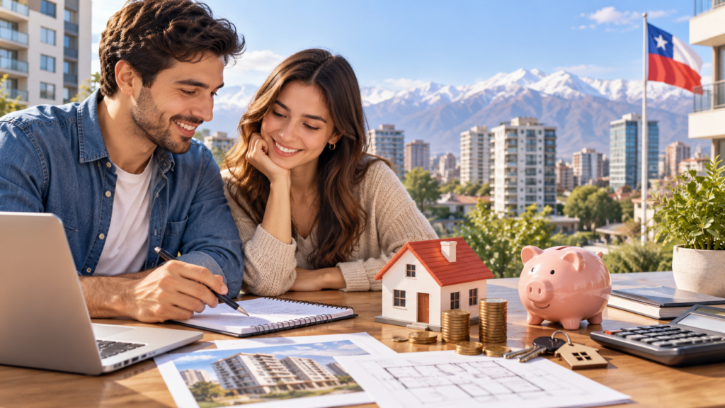 Pareja joven revisa en un notebook el financiamiento de su primera casa, con una alcancía y una maqueta sobre la mesa